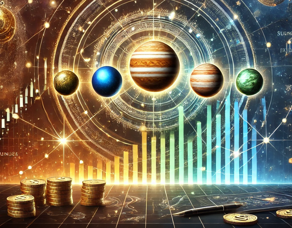 Illustration of planets Jupiter, Mercury, and Venus aligned above a glowing business graph with symbols of wealth like coins and trading charts, set against a celestial background.